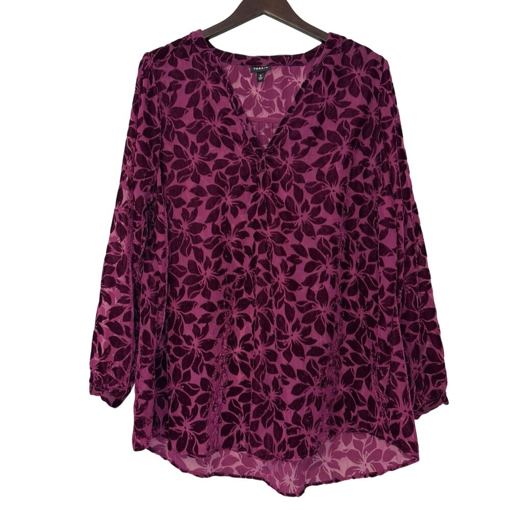 Torrid 0 Sheer Velvet Burnout Top Women's XL Magenta Floral Romantic Whimsigoth